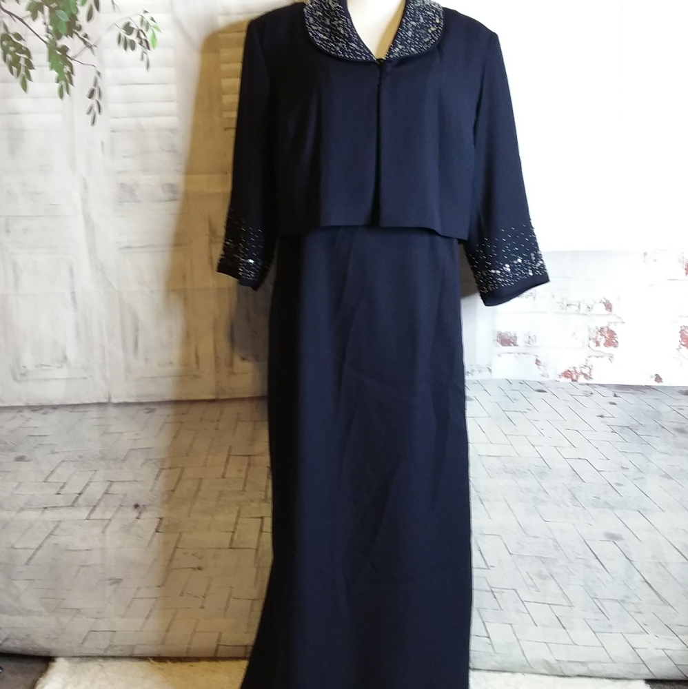 Michael Blake blue beaded embellished sequin 2pc formal long gown & jacket sz 16